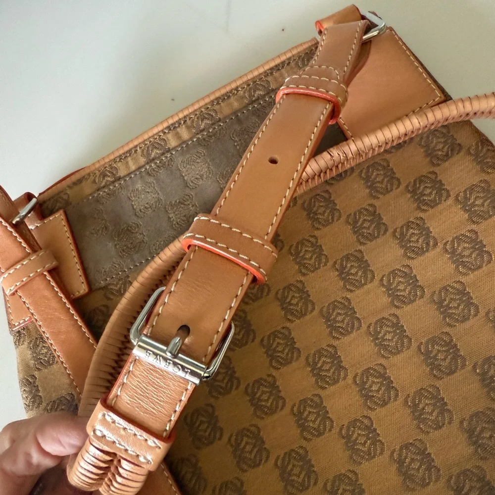 Authentic Loewe Brown & Tan LOGO Patterned Crossbody Bag